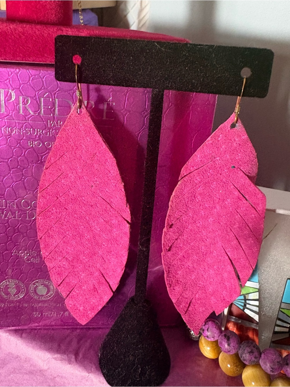 Hot Pink Suede Feather Drop Earrings - Women Jewelry